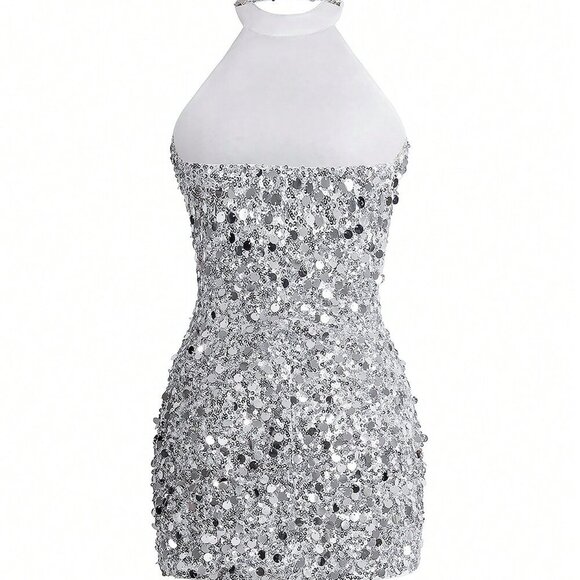 Silver Elegant Women's halter Collar Sexy Sleeveless ho9lidaySequin - Picture 9 of 11